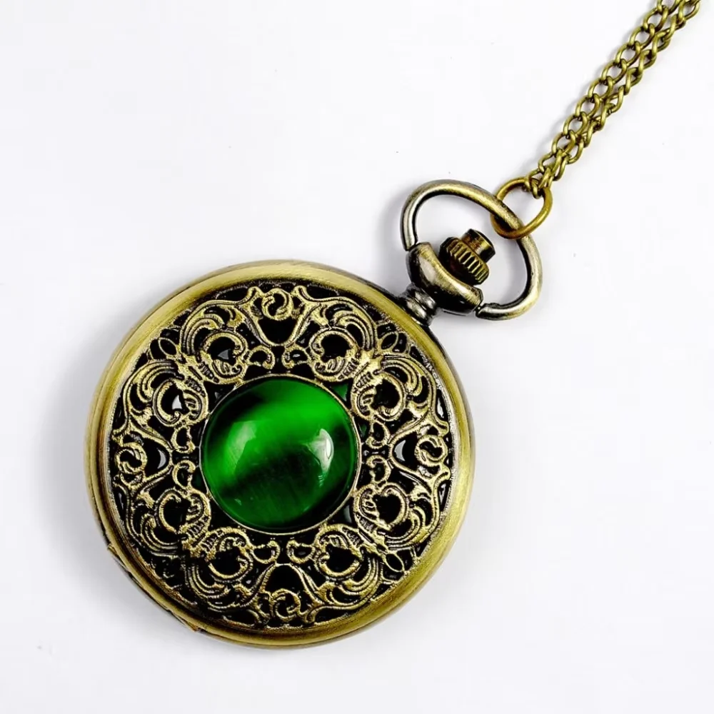 

8063 Gemstone Engraved Design Antique Bronze Pedant Watch Casual Men Women Pocket Watch Quartz Hollow Fashion Gift Fob Watch