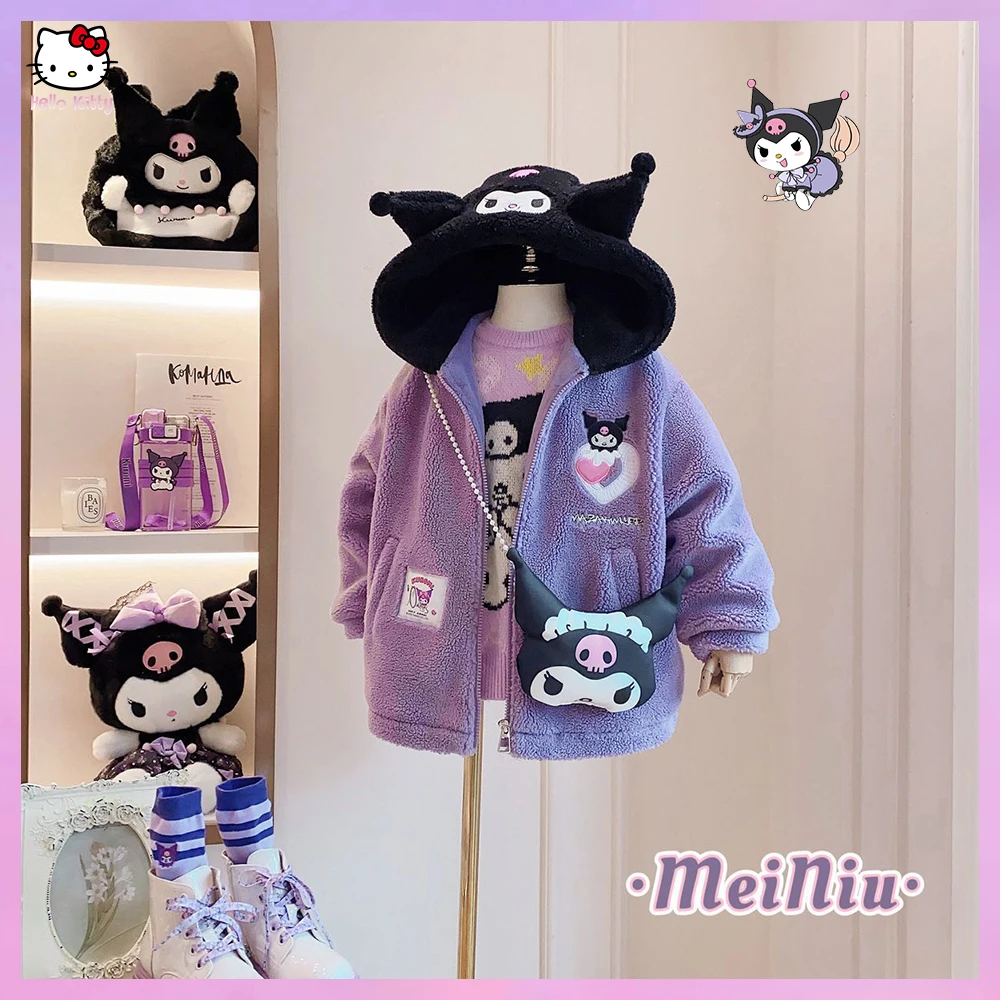 

Kuromi Sanrioed аниме Cinnamoroll, детская одежда для девочек, осенне-зимняя куртка с утолщенным капюшоном, пальто из бархата ягненка, новые плюшевые пальто