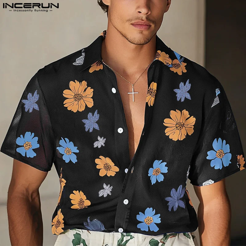 

Men Shirt Flower Printing Lapel Short Sleeve Transparent Men Clothing Summer Sexy Loose 2025 Fashion Male Shirts S-5XL INCERUN