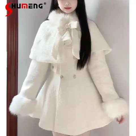 프랑스어 흰색 사교계 스타일 착용 활 긴 소매 모직 망토 코트 허리 더블 브레스트 드레스 자켓 2 피스 세트 여성