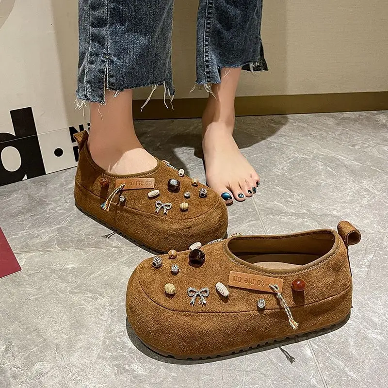 

Retro Luxury Women Loafers Handmade String Bead Rhinestone Big Head Suede Shoes Woman 2025 Street Flat Sweet Platform Shoes