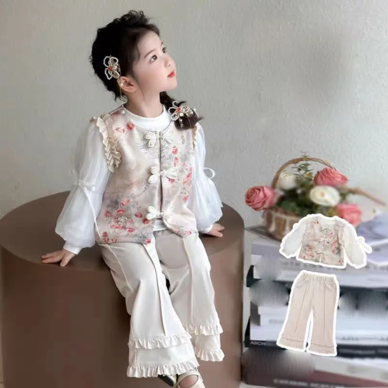 

Осенний комплект для девочек: жилет, рубашка, брюки, 3 предмета, новый китайский стиль, безрукавка, дышащий комплект одежды для детей на весну LJ295