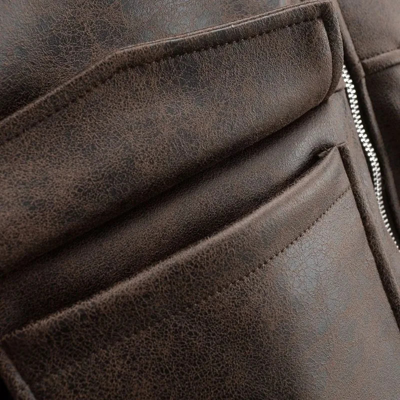 Autumn New Women's Clothing Fashion Spliced Short Loose Imitation Leather Pilot Lapel Jacket Big Pocket Decoration Women Coat