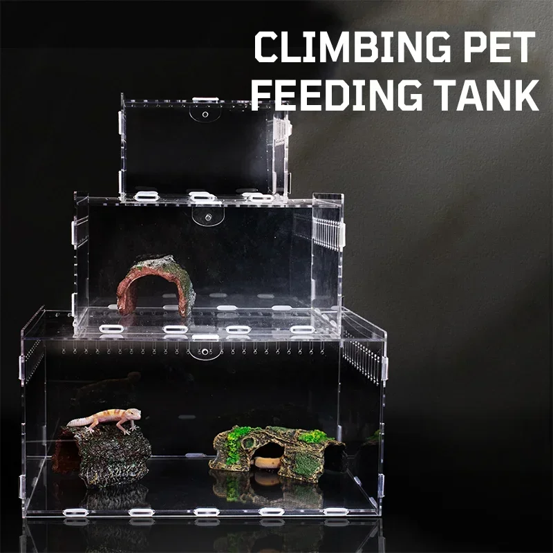 Acrylic Reptile Breeding Box Transparent Reptiles Terrariums Pet Feeding Box with Thermometer for Spider Lizard Scorpion Habitat