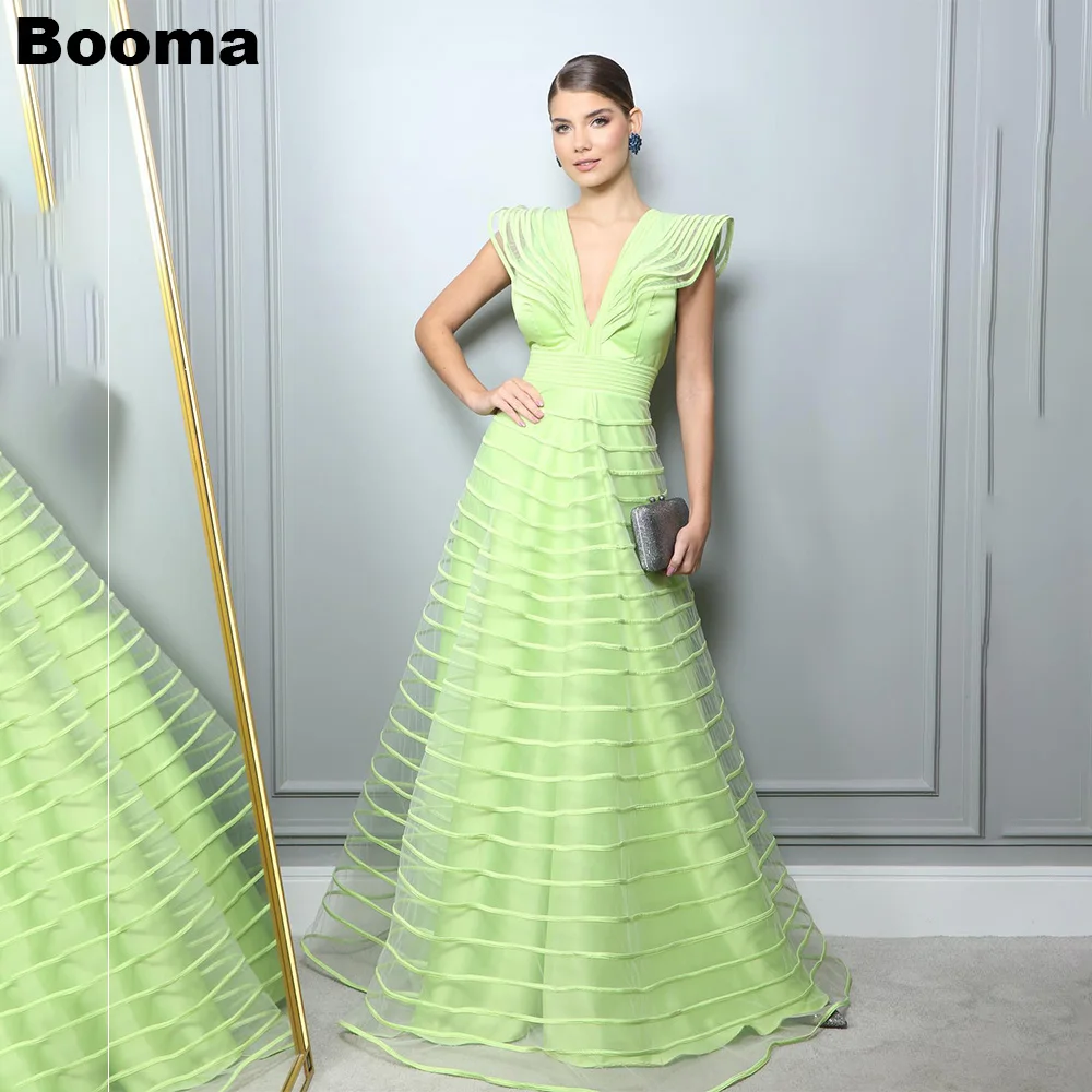 

Booma Green A Line Organza Women's Evening Dresses Deep V Neck Formal Events Dresses Night Party Prom Gowns formales vestidos