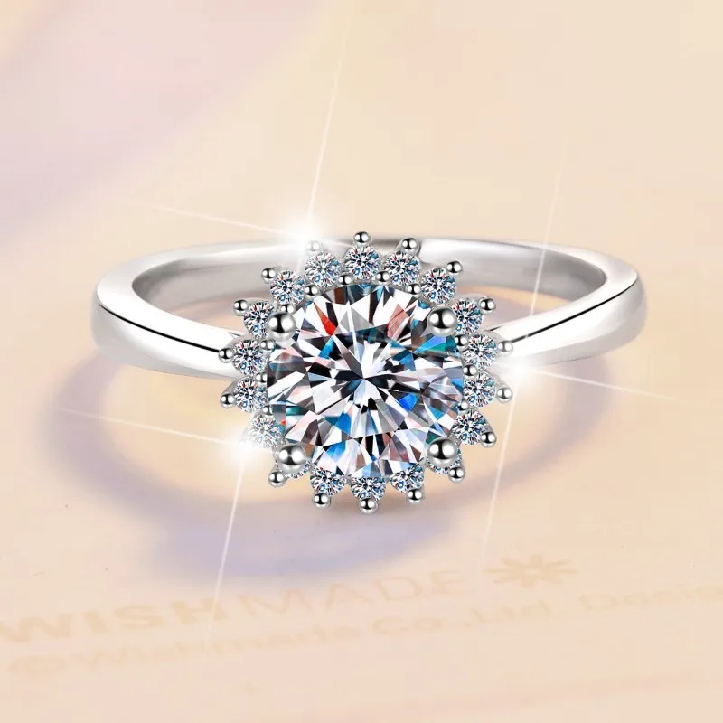 

JZ0084 Lefei Fashion Trendy Luxury Color D 1ct Classic Moissanite Sunflower Rings Women s925 Silver Wedding Elegant Jewelry Gift