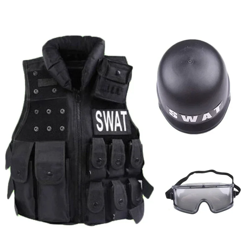 Children's Police Cosplay Costume Bullet-proof Vest Helmet Wind-proof Glasses for Boy's Height 110cm-150cm