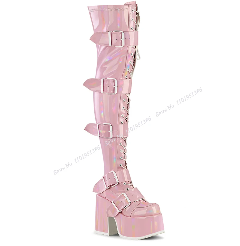 Pereira Pink Buckle Decor Platform Boots Lace up Chunky Heel Boots Side Zipper Shoes for Women High Heel Fashion apatillas Mujer