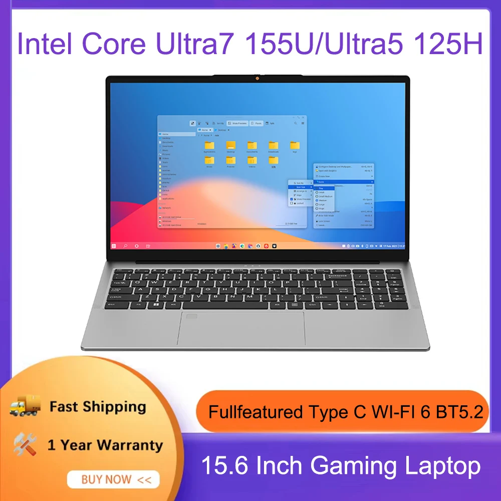كمبيوتر محمول 15.6 بوصة Intel Core Ultra7 155U/Ultra5 125H كمبيوتر محمول للألعاب 2 * DDR5 5600MHz 2 * M.2 PCIE كامل المواصفات من النوع C WI-FI 6 BT5.2