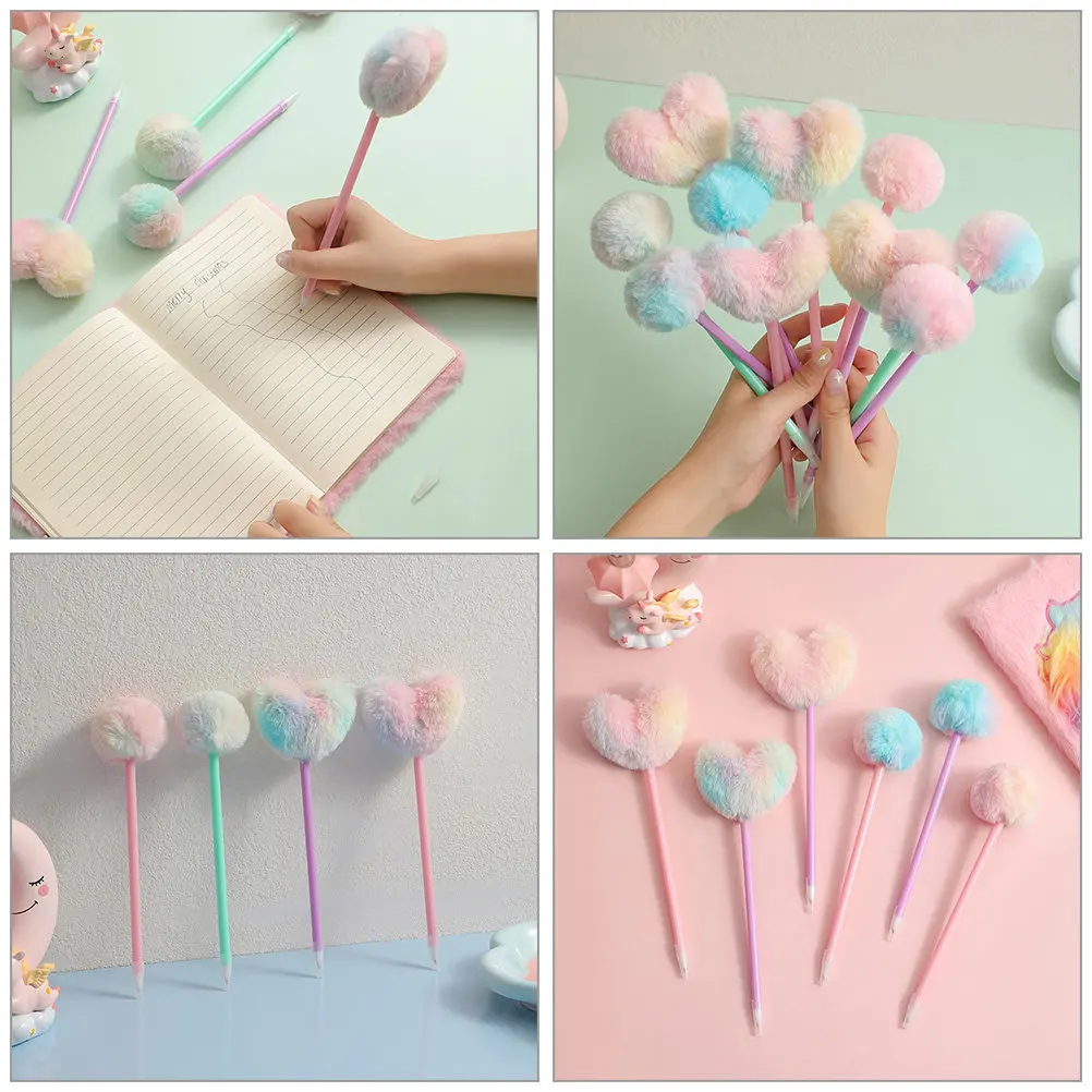 5Pcs Pompom Heart Ballpoint Pen Decorative Novelty Writing Pen Portable for Students Creative Stationery Pens