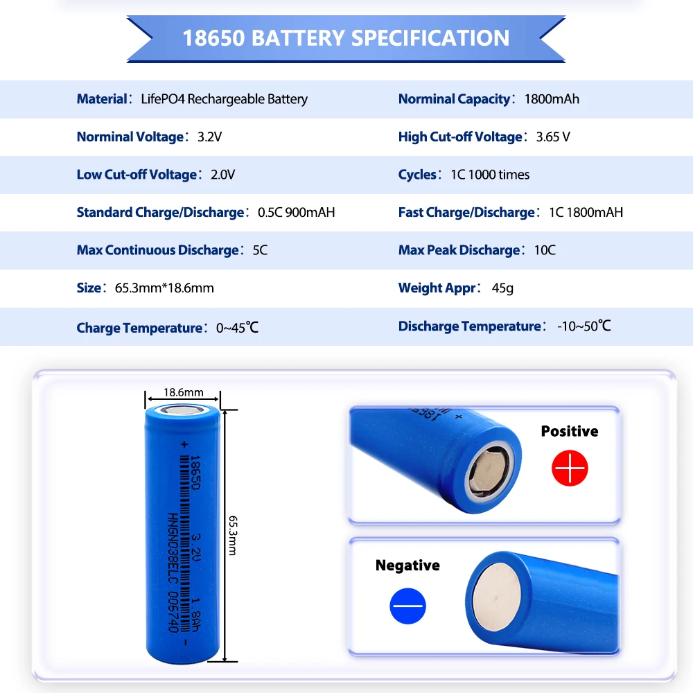 1800mAh 18650 Battery 3.2V LiFePO4 Rechargeable Lithium Battery For Toys Electric Tools Headlamp Flashlight DIY Battery Pack