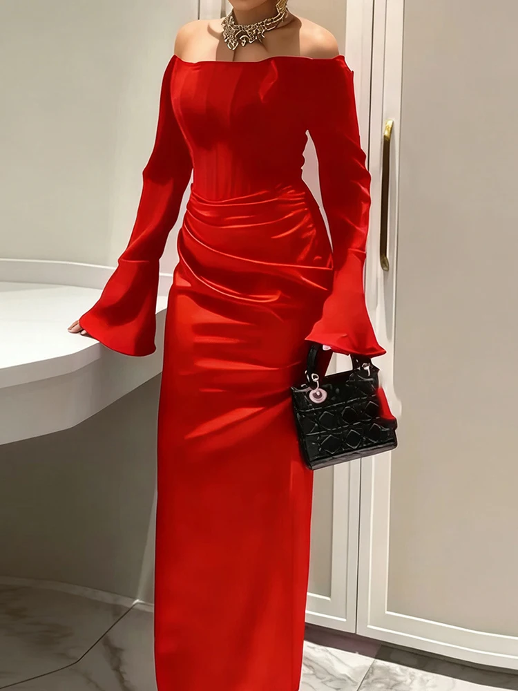 Elegante effen satijnen banketjurk lente zomer nieuwe hoge taille wikkeljurk heupen gala jurk sexy one-shoulder geplooide avondjurk