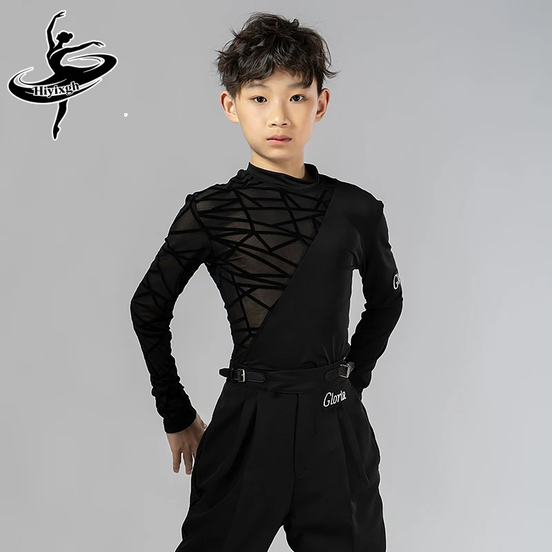 

Новые детские костюмы для латинских танцев для мальчиков, детские топы с длинными рукавами и высоким воротником, одежда для тренировок по бальным танцам, черная рубашка