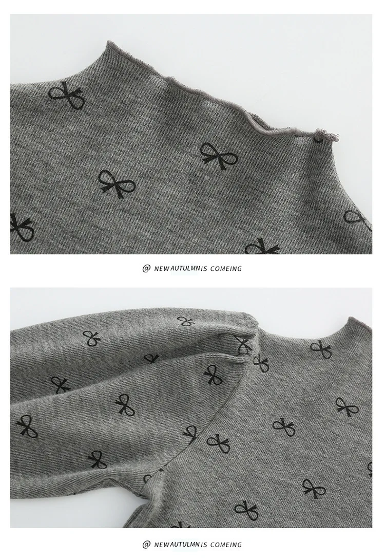 Neues Herbst-Winter-Kindermädchen-Unterhemd mit Schleifenmuster, langärmelig, Rüschen, Stehkragen, weich, warm, lässig, Innenoberteil – Detail 6