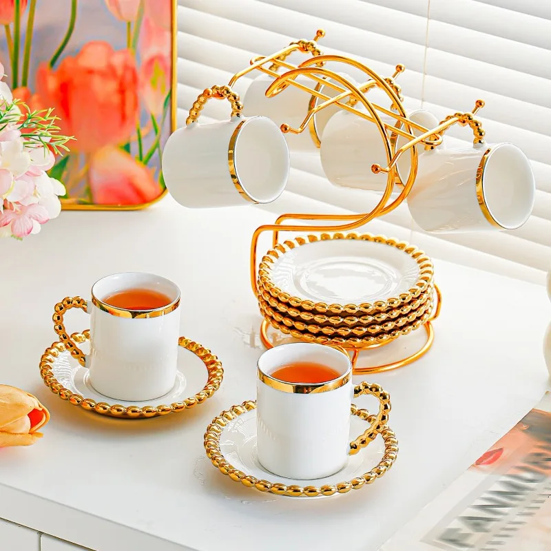 Creative Gold-Plated Bead Ceramic Coffee Cup Six-Piece Set Luxury Afternoon Tea Teacups Office Desktop Coffee Cup and Saucer New