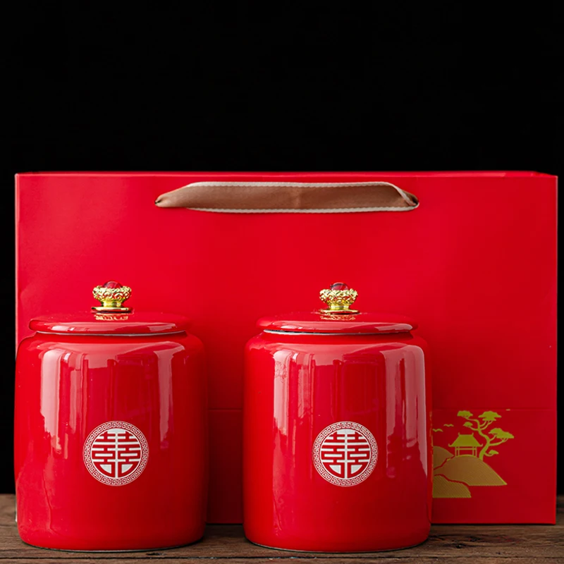 Ceramic Candy Jar Red Wedding Gift Box Enamel Sealed Tea Can Large Capacity Food Storage Home Decoration Ornament