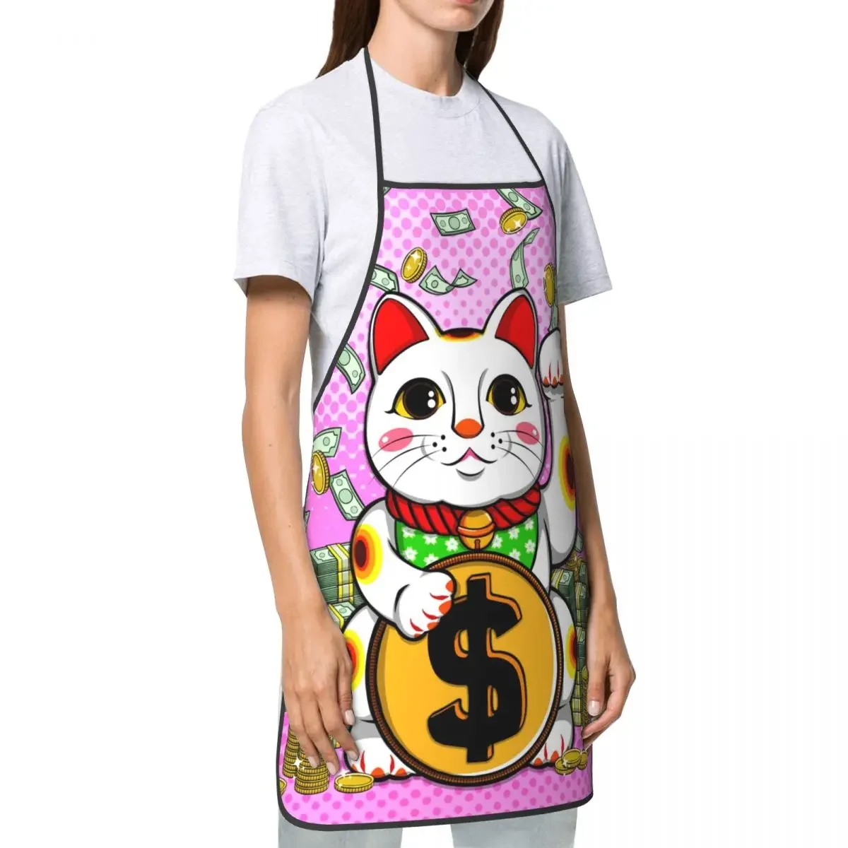 Tablier de cuisine personnalisé pour hommes et femmes, bavoir en dollars, maneki neko, chat, unisexe, adulte, chef, cuisine, fortune, chats porte-bonheur, peinture