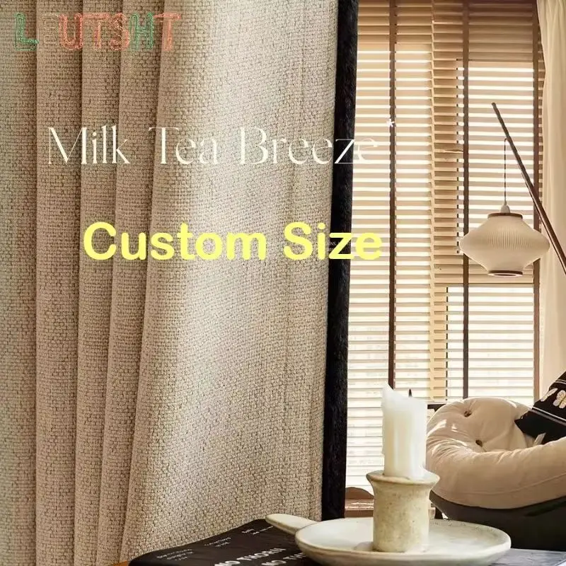 Cream Mid-century Style Cotton and Linen Blackout High-end Balcony Door Custom Size Curtains for Living Dining Room Bedroom