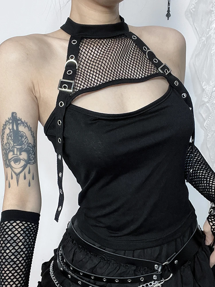 AltGoth Streetwear Dark Gothic Vest Women Harajuku Cyber Punk Mesh Patchwork Halter Crop Tank Top Emo Alt Grunge Indie Clothes