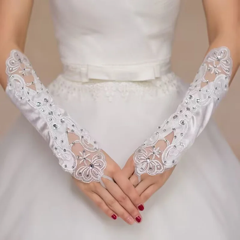 Specell Lace Rhinestones Fingerless Gloves Women Fingerless Lace Gloves Bridal Wedding Party Prom Costume Accessories Gloves