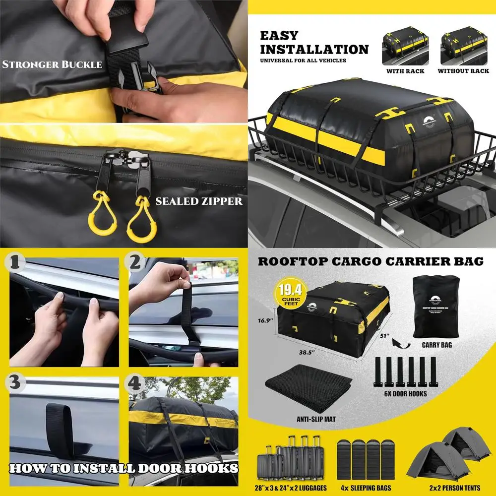 

Waterproof Rooftop Luggage Carrier, 19.4 Cuft Soft-Shell Car Top Bag with 6 Hooks & Mat, Heavy Duty No Rack Needed