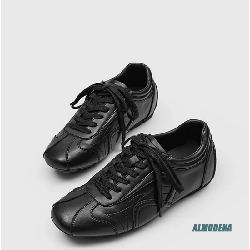

Black Genuine Leather Men Casual Sneakers Round Toe Lace-Up Low Top Streetwear Urban Minimalist Fashion Comfortable Daily Shoes