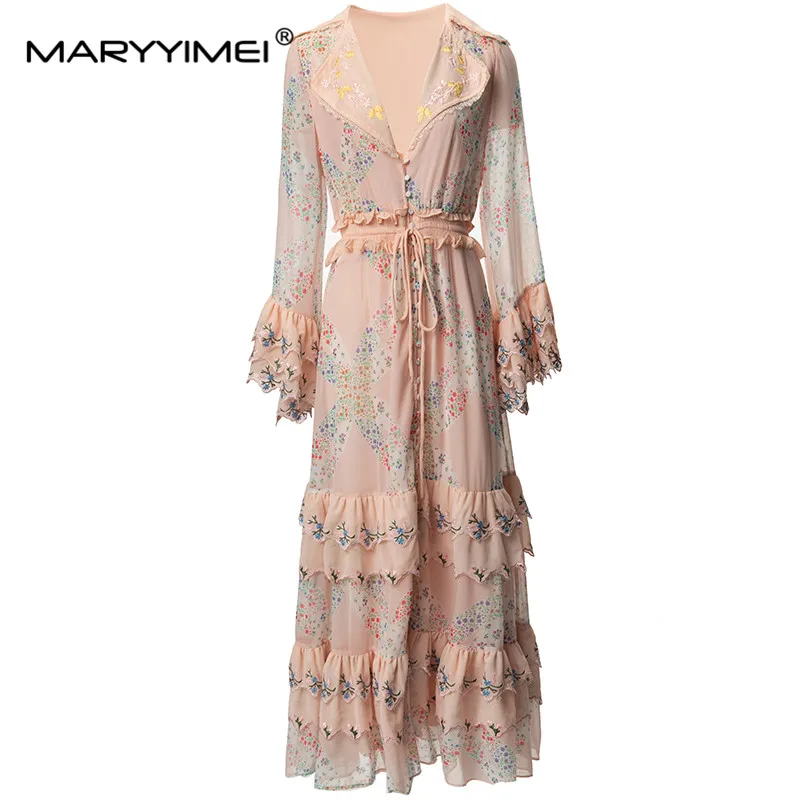 

MARYYIMEI Fashion Designer Spring Summer Women's Notched Collar Butterfly sleeve Single-Breasted Printed Tiered Ruffles Dresses