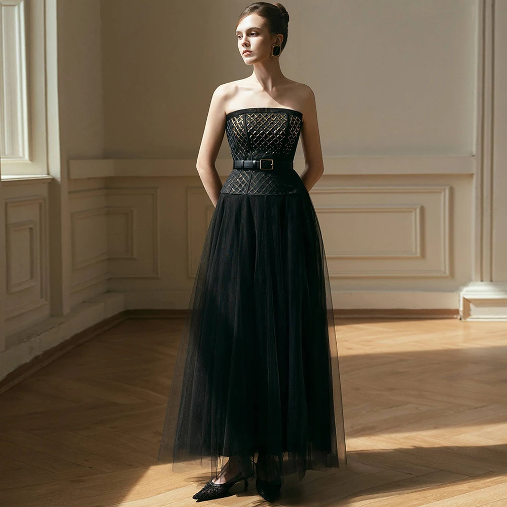 

Classic Tulle Evening Dress Exquisite Strapless Sleeveless Customized Party Dresses Delicate Sashes Special Occasion Gowns