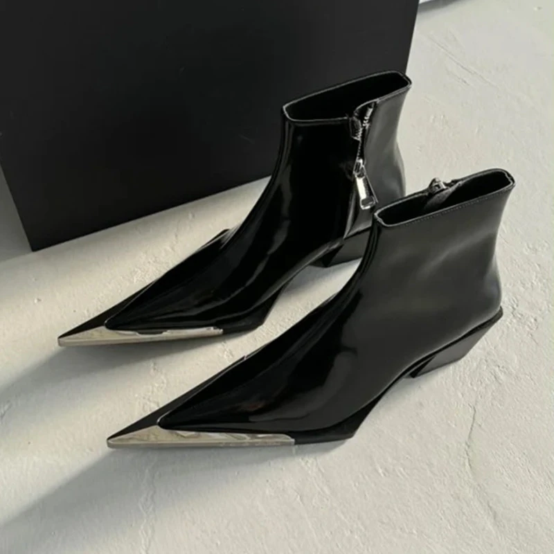 2024 Side Zipper Fashion Women\'s Ankle Boots Metal Pointed Toe Ladies Shoes Crude Heel Western Cowboy Boots Zapatos Para Mujeres
