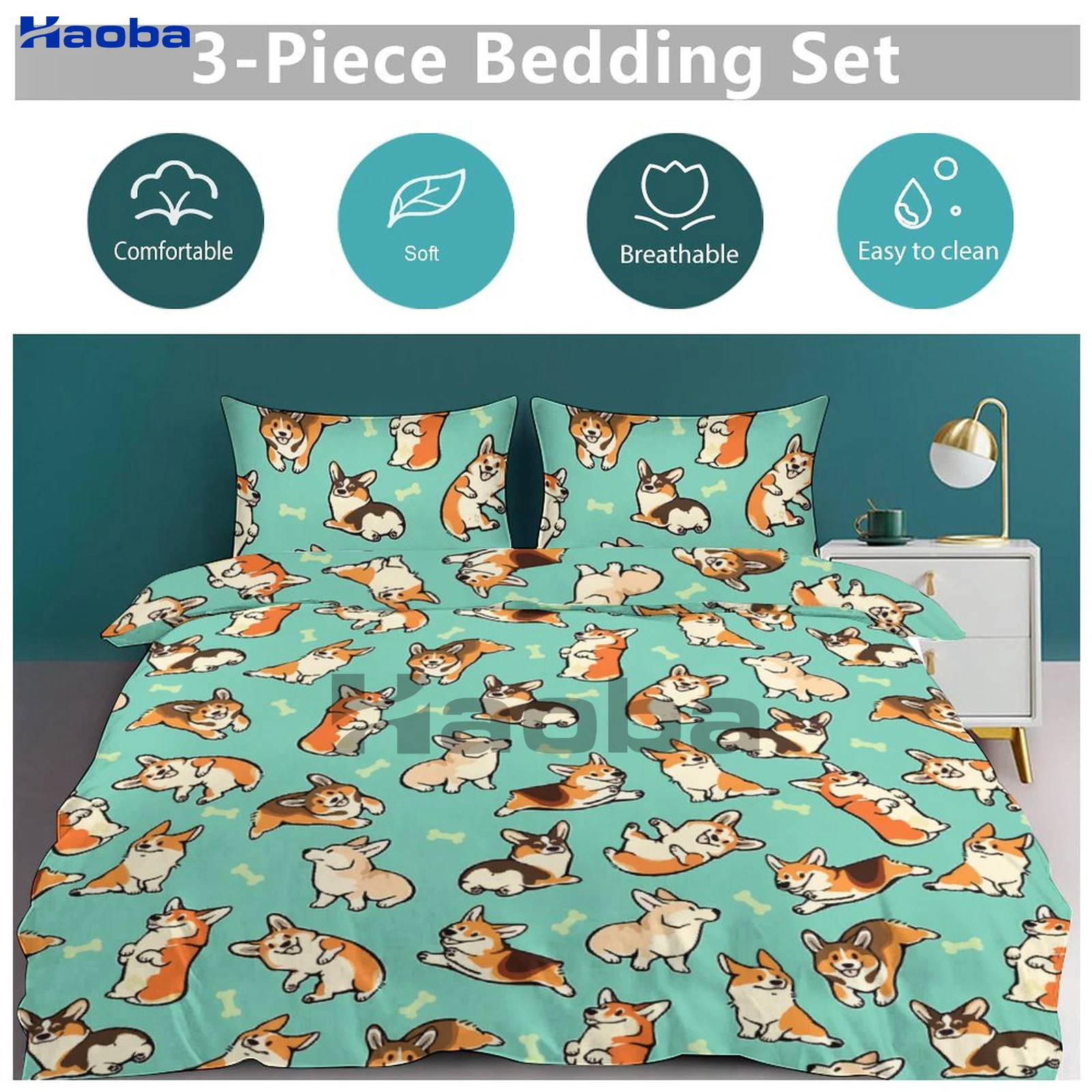 Cute Corgi Three Piece Bedding Set Children or Adults for Beds Quilt Covers Birthday Gifts for Women Men