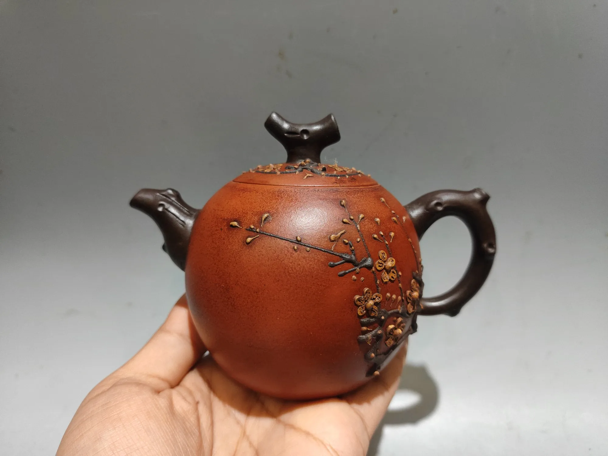 Yixing Purple Clay Pot Painted plum blossom pattern Tree root cover Branch Spout pot Kettle Teapot Flagon