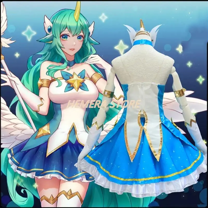 LOL Game Panoramic Star Soraka Cosplay Costume, The Starchild Wig, Ears Horn Anime, Lolita fur s, Sexy Women, Green imbibé, Halloween