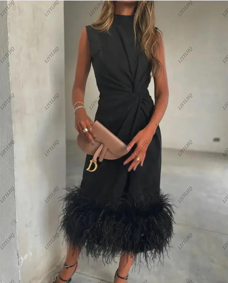 LIYYLHQ Tea Length Elegant Black Muslim Prom Dress With Feathers A-Line Party Gowns فساتين السهرة  Evening Dresses Robe de soiré