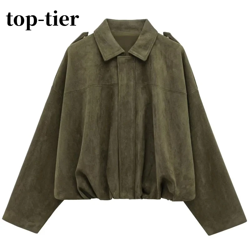 

2026 Women's Bomber Jacket Lapel Long Sleeve Zipper Suede Jacket Women New High Street Cropped Racing Jackets Coats Outerwears