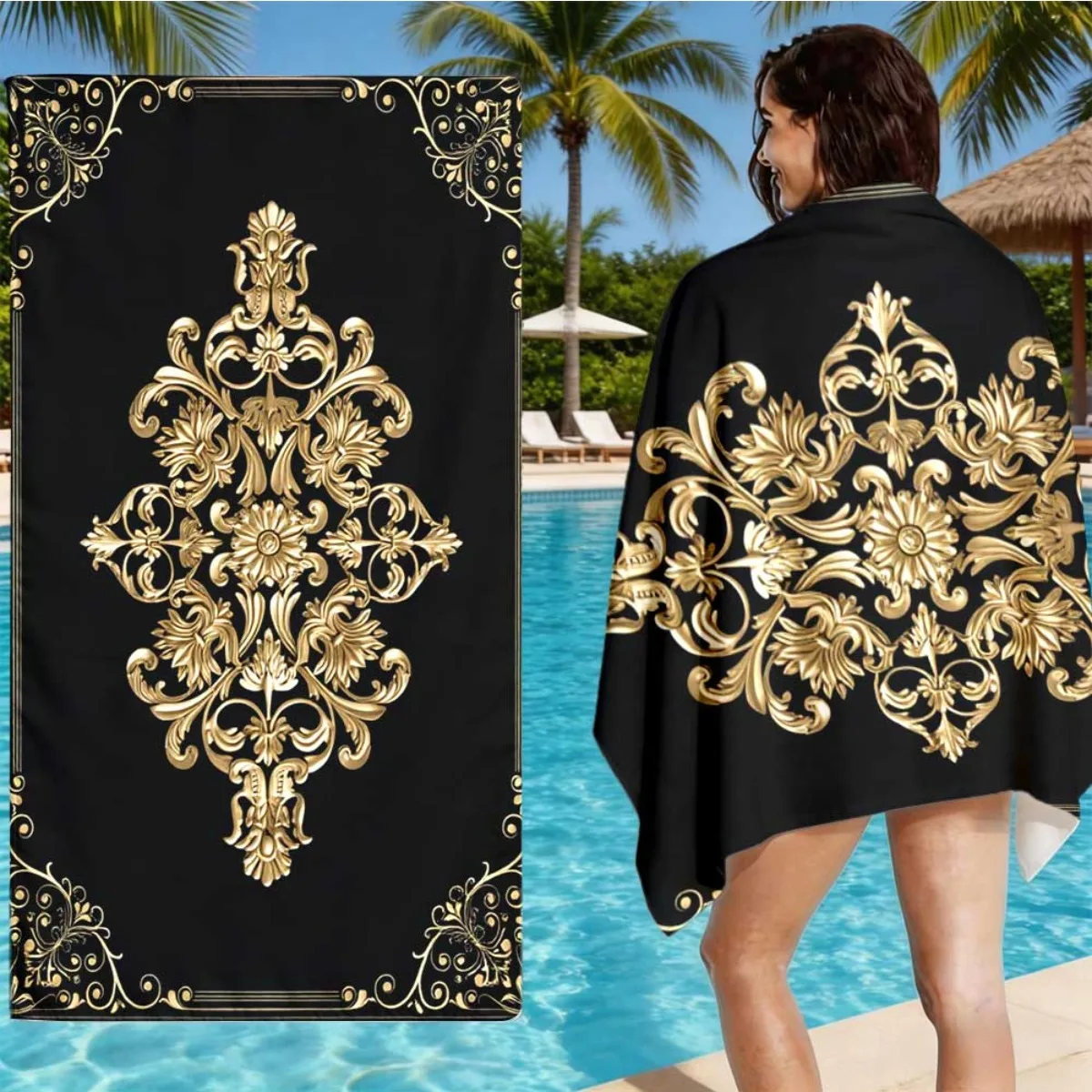 Schwarzes Gold Barock-Strandtuch Unisex Saugfähig Tragbar für Pool Strand Tauchen Surfen Camping Sommer-Essential Geschenk