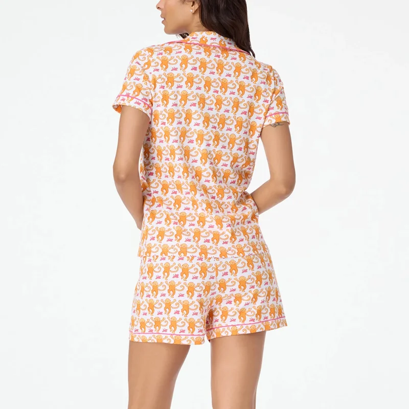 Xingqing Preppy Monkey Pjs y2k Women Print Turn Down Collar Short Sleeve Shirt Top and High Waist Shorts Two Piece Loungewear