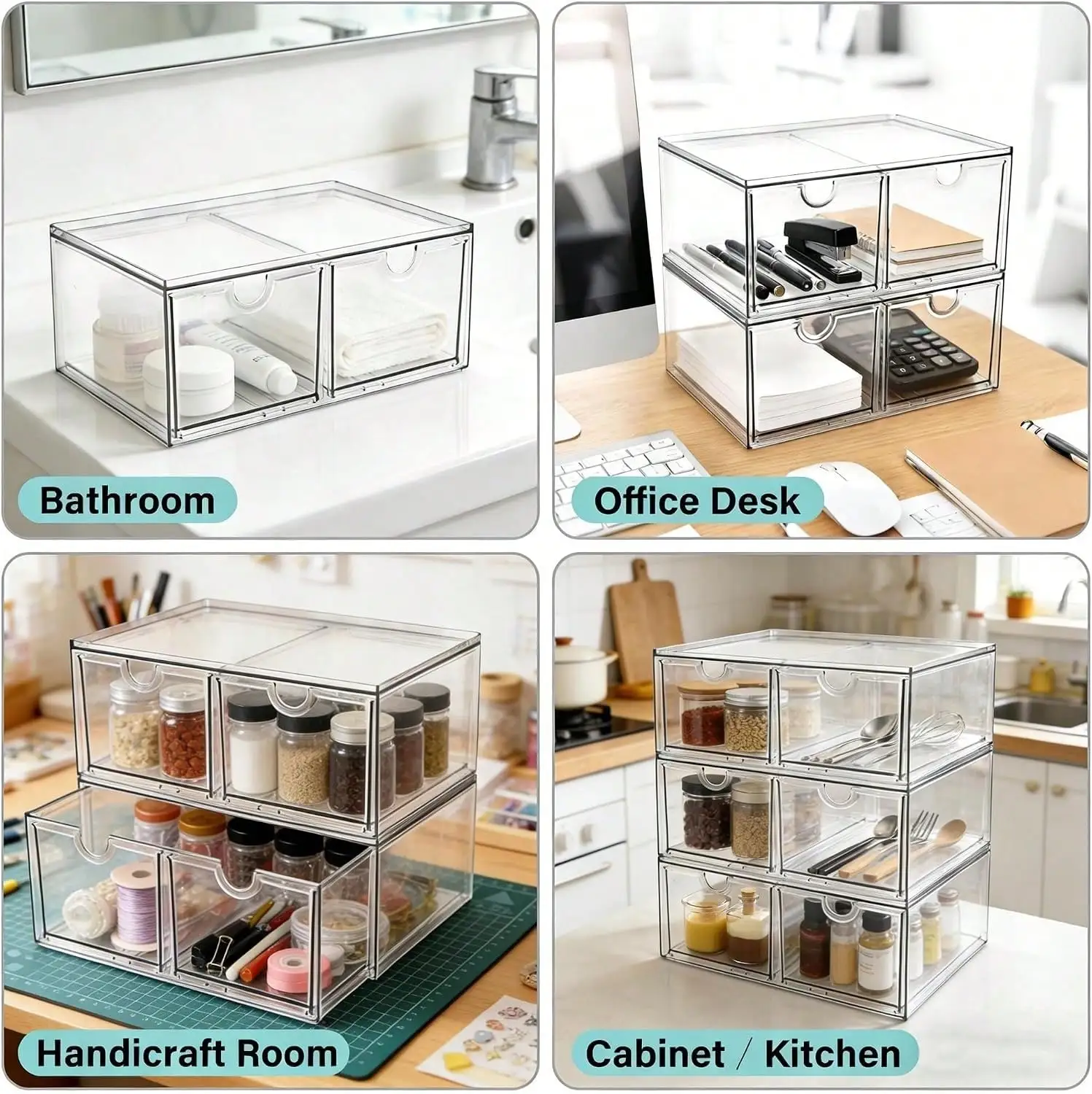 16 Drawers Acrylic Makeup Organizer, 4 Set Clear Desk Storage Drawers, Dustproof Desktop Organizer for Office Supplies, Jewelry, Pens & Cosmetics, Countertop