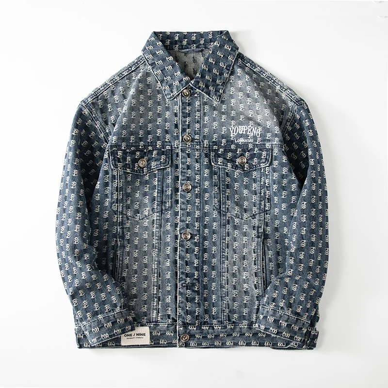 Fashion printed embroidered denim coat men 2024 autumn shirt loose lapels trendy retro ins Y2K clothes