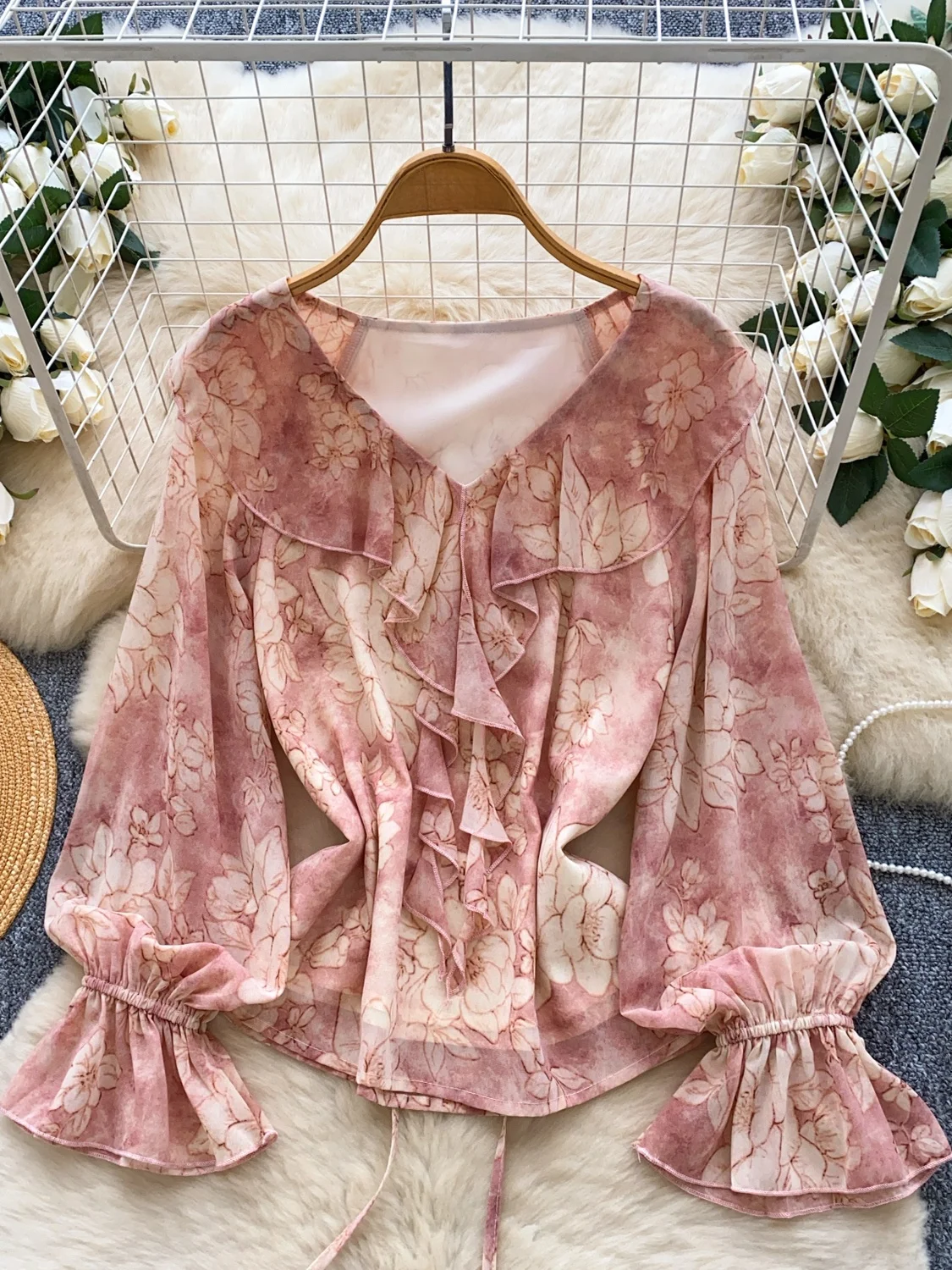 Franse Sle losse pasvorm bloemenprint irt Faionable Bell Sve-blouse voor dames met kanten rand Veelzijdige top voor woon-werkverkeer