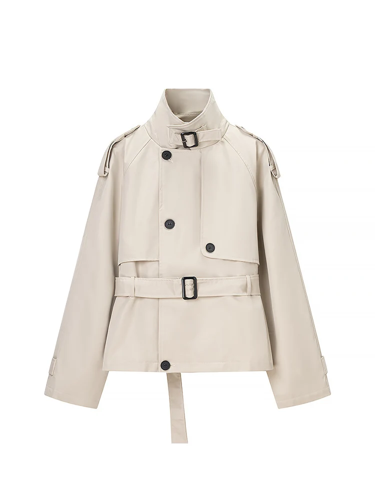 

European-style new women's fashionable and versatile short trench coat with belt, stand collar, and long sleeves.