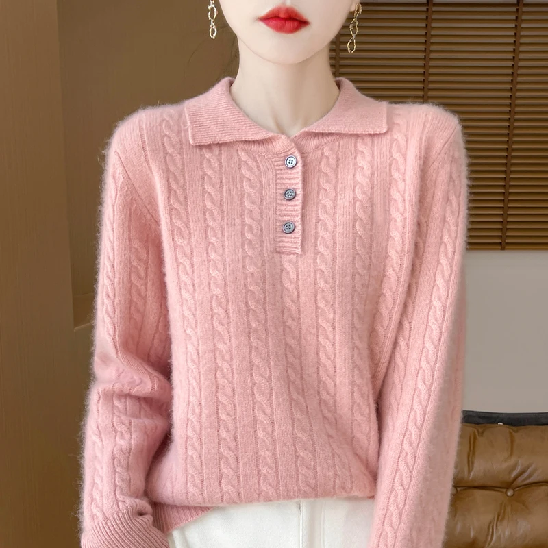 

New Merino Pure Wool Lapel Pullover Long-Sleeved Sweater For Women In Autumn And Winter, Korean Pop Button Top -D328