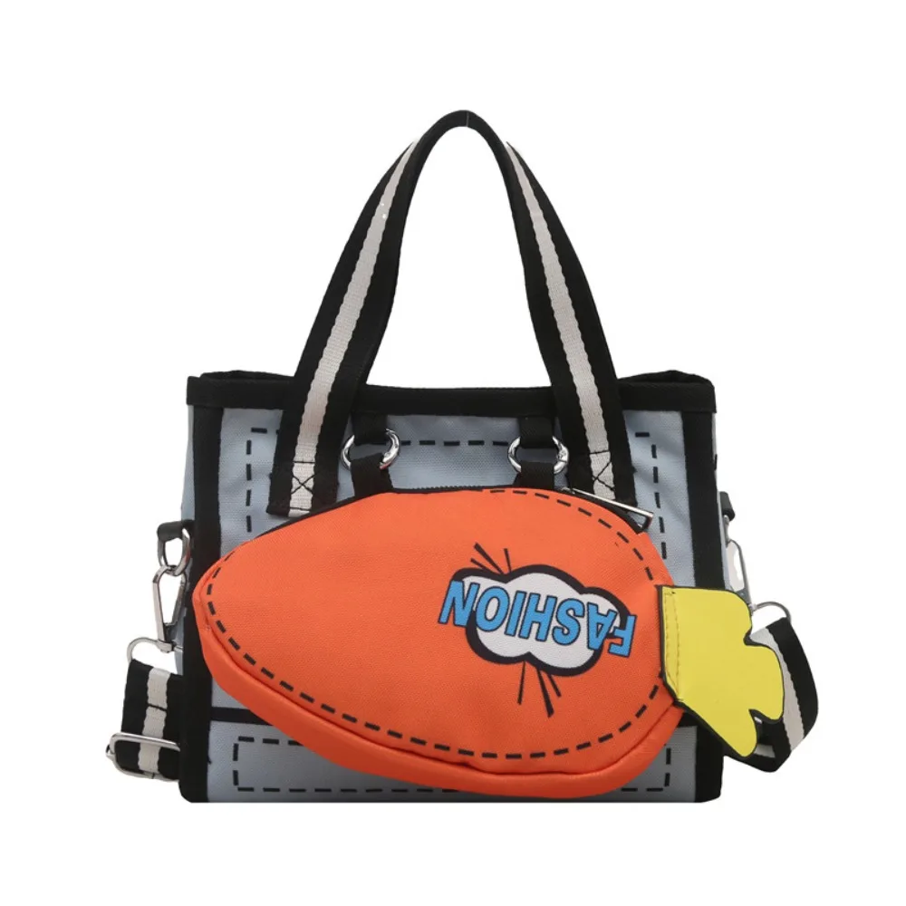 

Simple Canvas 2D Anime Tote Bag Nylon Detachable Carrot Bag Zipper Large Capacity Comic Shoulder Bag Girls