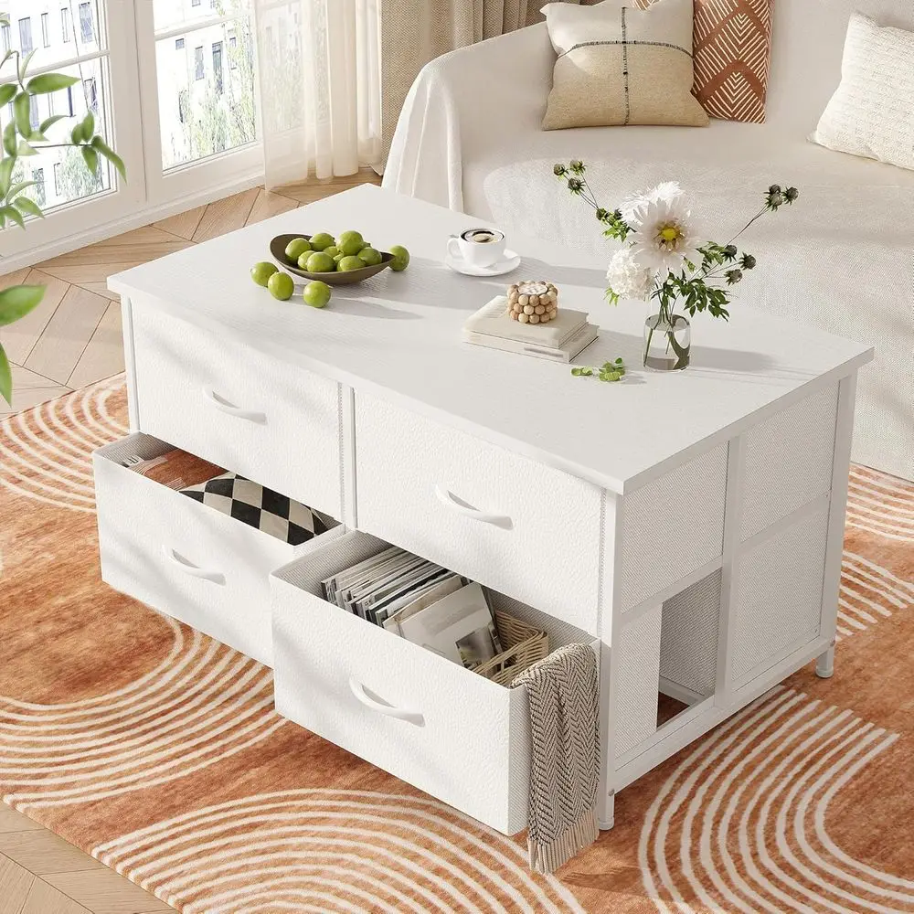 

Storage Coffee Table with Wheels, Fabric Drawer, and Hidden Space for Home and Office, White