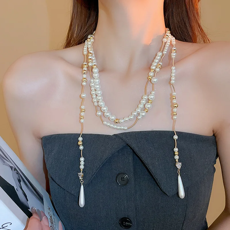 

Minar French Simulated Pearl Beads Strand CZ Zircon Heart Sweater Chain for Women Femme Gold Silver Plated Alloy Long Necklace