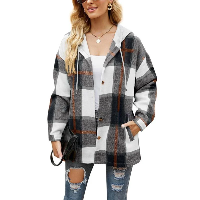 

Fashionable Plaid Woolen Coat Shirt Women's Autumn Winter New Style Hat Design Medium Thickened Long Sleeve Striped Pattern