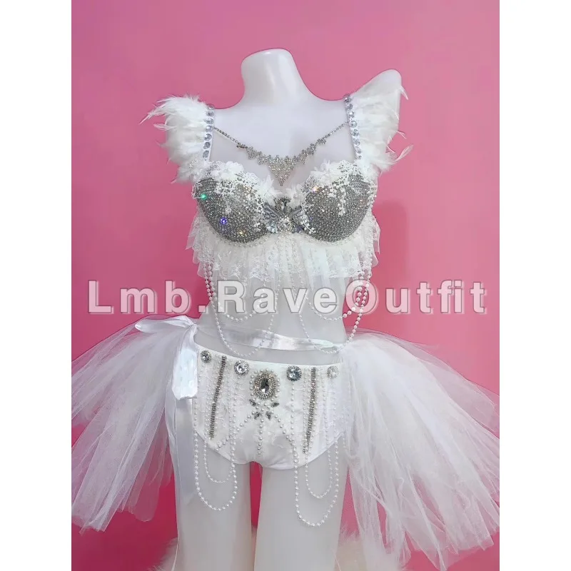 

Customized Pearl Sparkling Diamond Grey White Electric Syllable Nightclub Bouncing Di Tutu Skirt Bra Pants Wedding Dresses Women