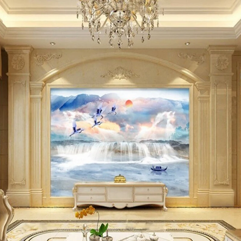 Modern Minimalist Marble Creative Landscape Painting Small Boat White Crane TV Natural Scenery Living Room Background Wall