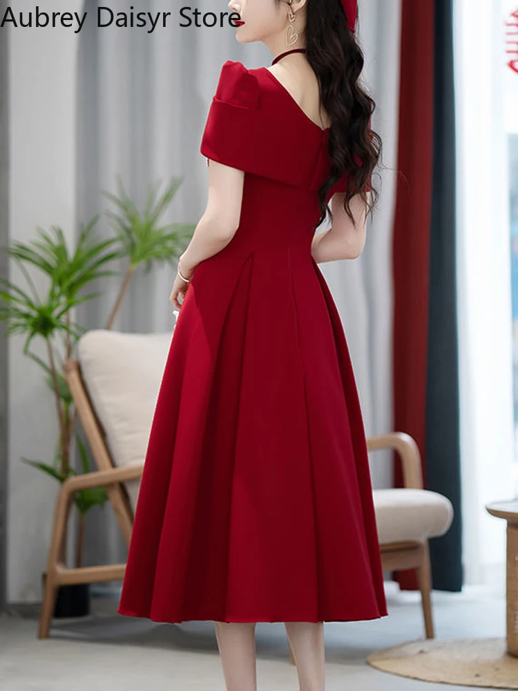 Korean Elegant Red Midi Dress Women Casual Vintage Chic Irregular Evening Party Dress Summer French Wedding Vacation Beach Dress