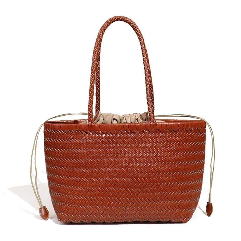 Handwoven Tote Bag Women Genuine Leather Vegetable Basket Shoulder Purse Large Capacity Fashion Shopper Handbag Handle Beach Bag