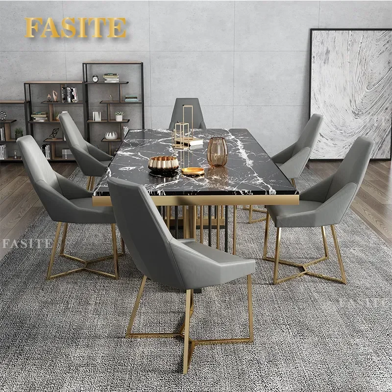For Large Apartment Light Luxury Post Modern Marble Dining Table Neoclassical Simple Rectangular Stainless Steel Base